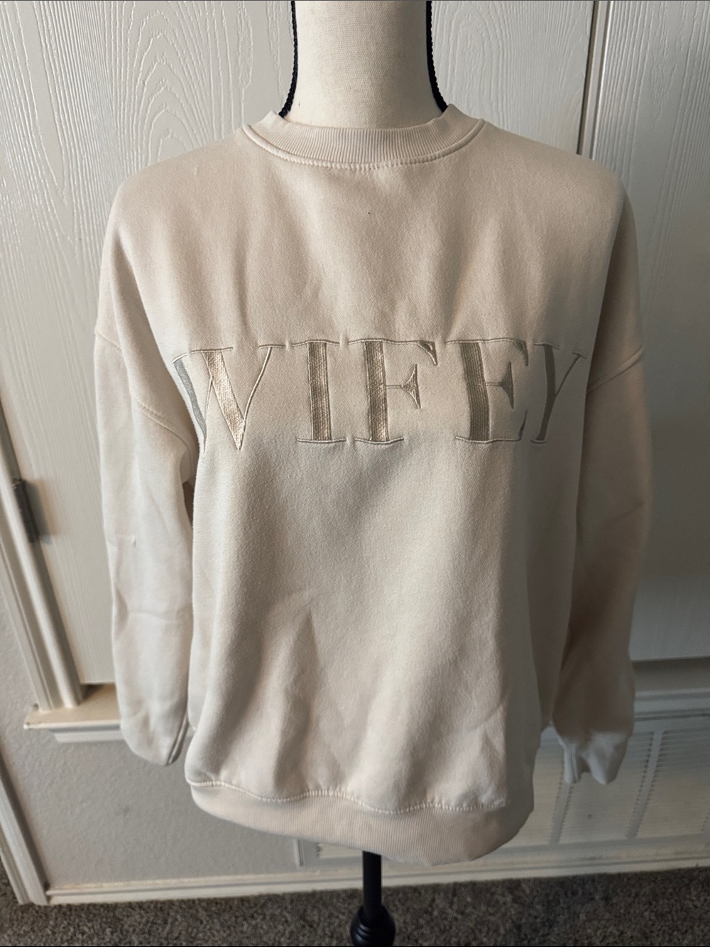 Wifey Embroidered Crewneck Sweater - Cream
